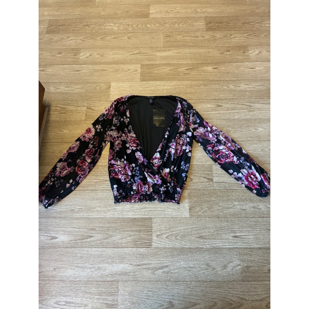 Womens XL Floral Surplice Smocked Waist Long Sleeve Blouse Black Pink